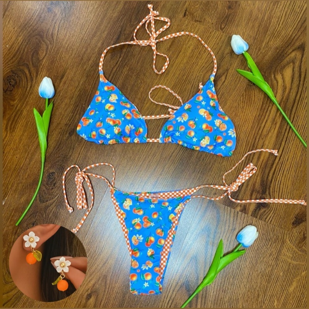 🎀🩵🍊 Blue & Orange Fruit Print Whimsical Bikini Swimsuit & Matching Earrings 🩵🍊🎀